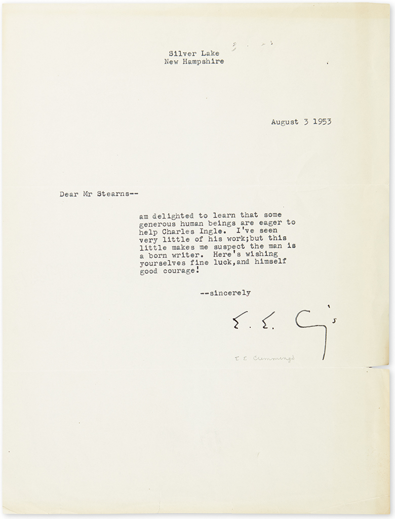 CUMMINGS, E.E. Typed Letter Signed, E.E.Cs, to writer Monroe Stearns (Dear Mr. Stearns),